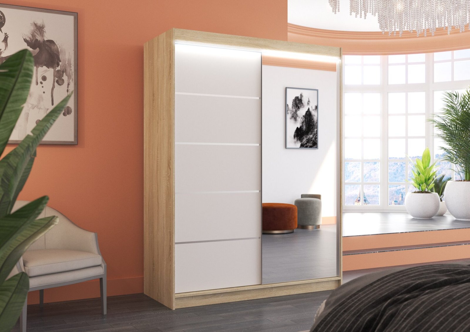 Sliding wardrobe with mirror and LED lighting LIMBO 150 Sonoma/White ADRK - Image 2