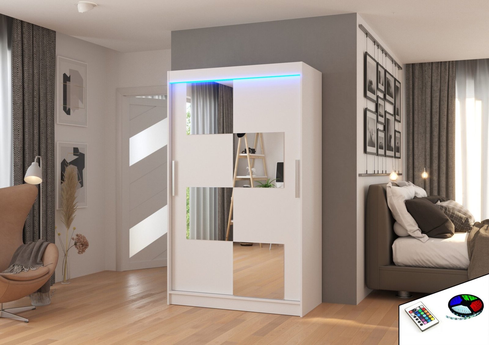 Sliding wardrobe with mirror and LED lighting LUGANO 120 white ADRK - Image 2