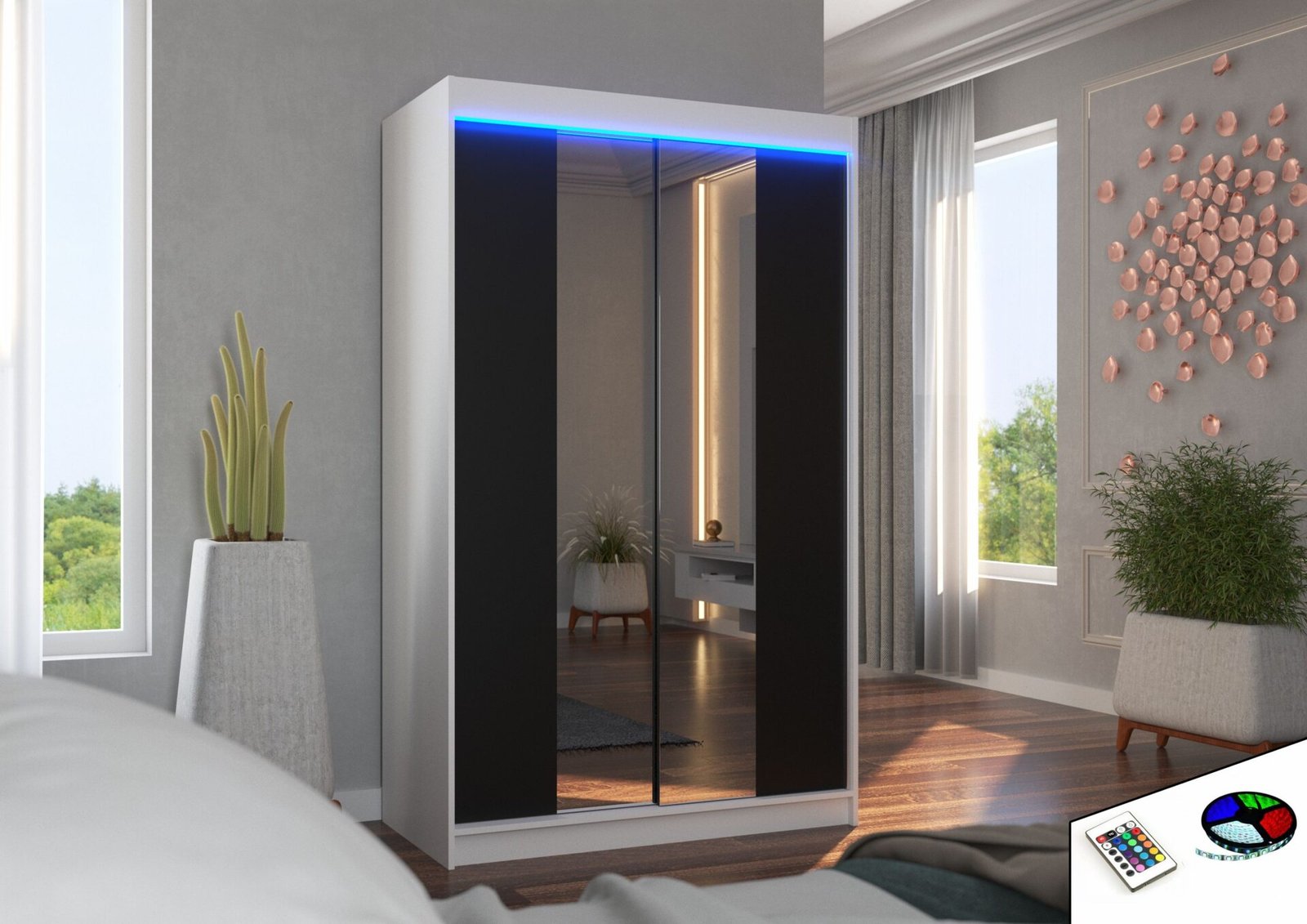 Sliding wardrobe with mirror and LED lighting MARVIN 120 white/black ADRK - Image 2