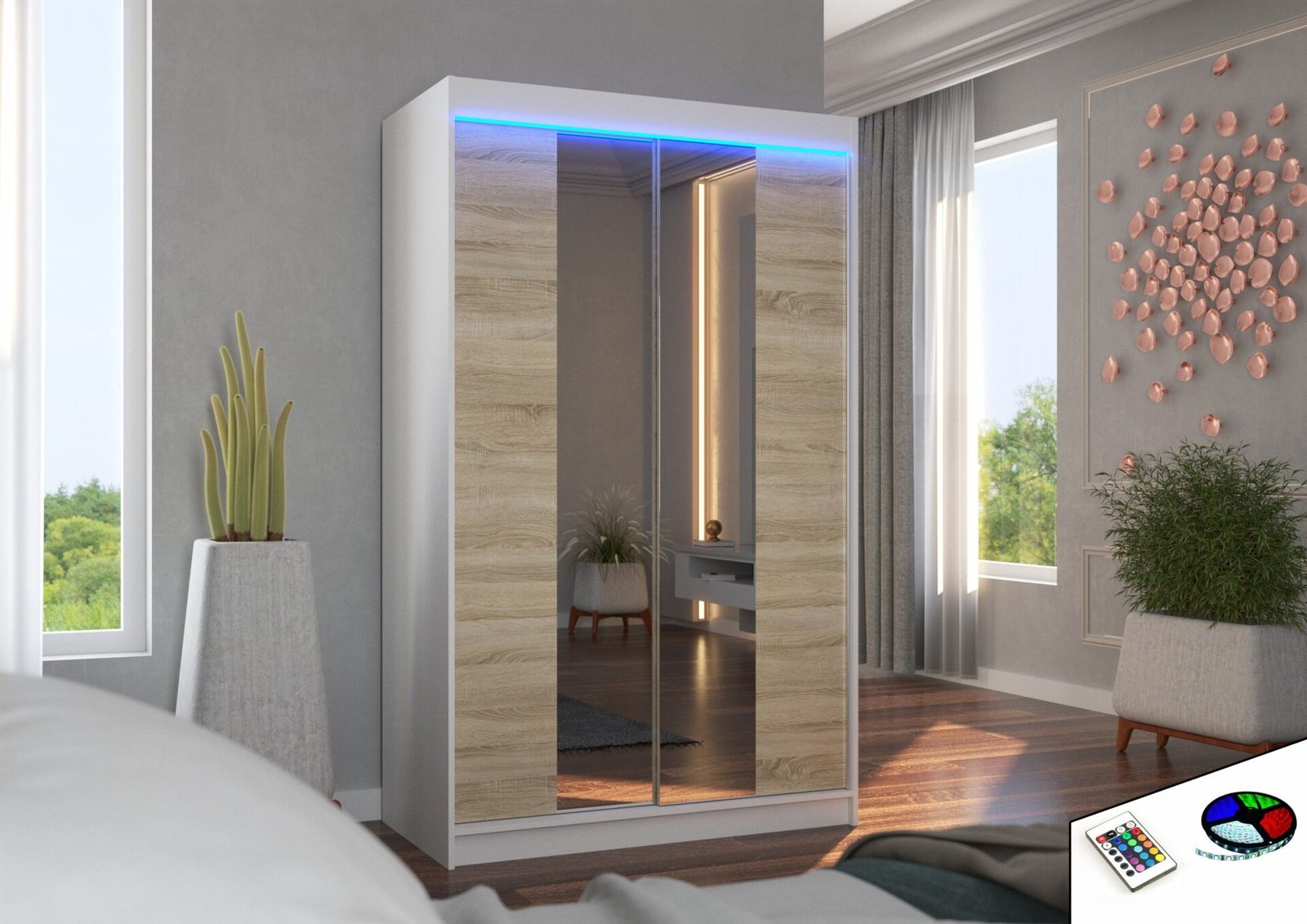 Sliding wardrobe with mirror and LED lighting MARVIN 120 white/Sonoma ADRK - Image 2