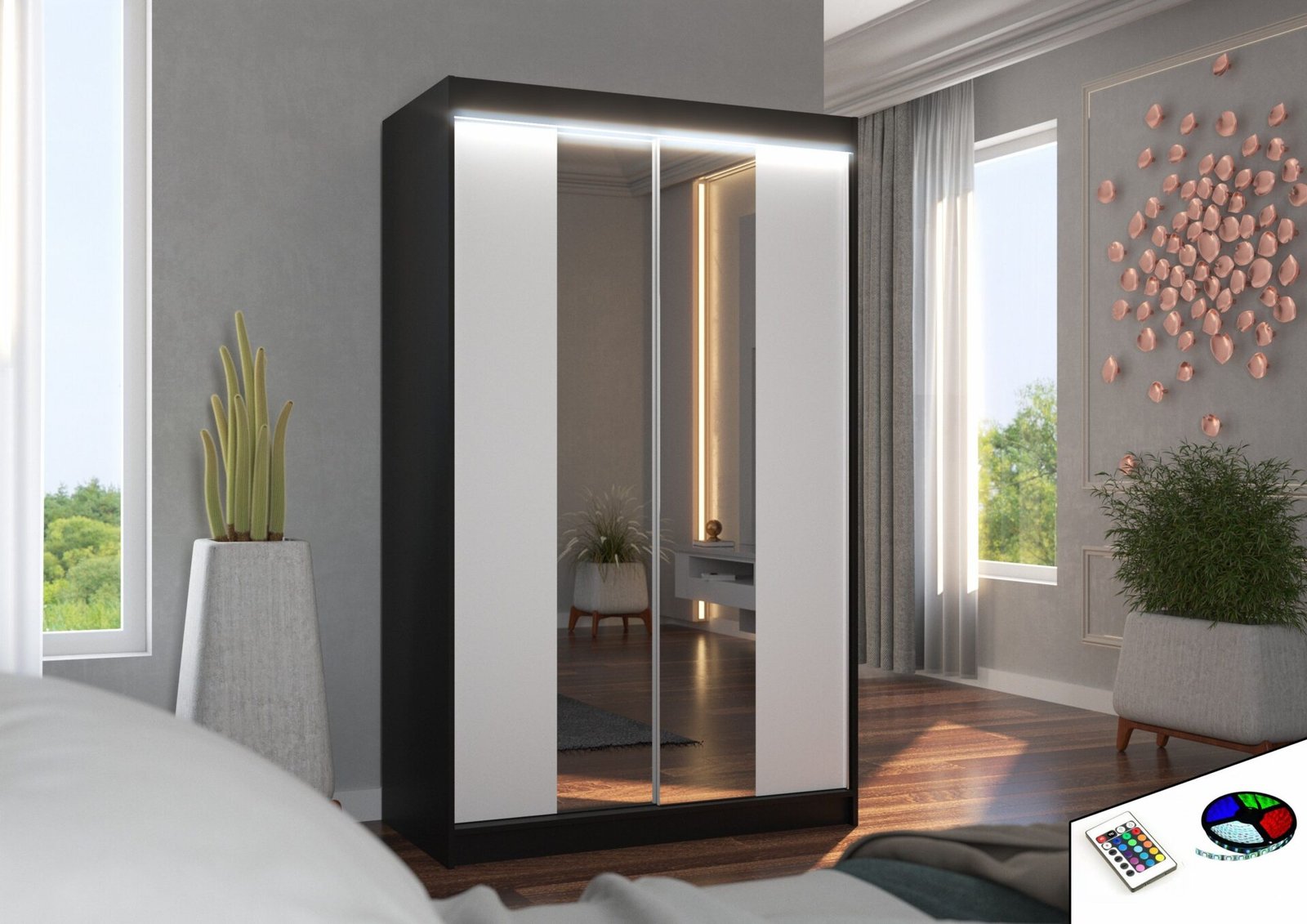Sliding wardrobe with mirror and LED lighting MARVIN 120 black/white ADRK - Image 2