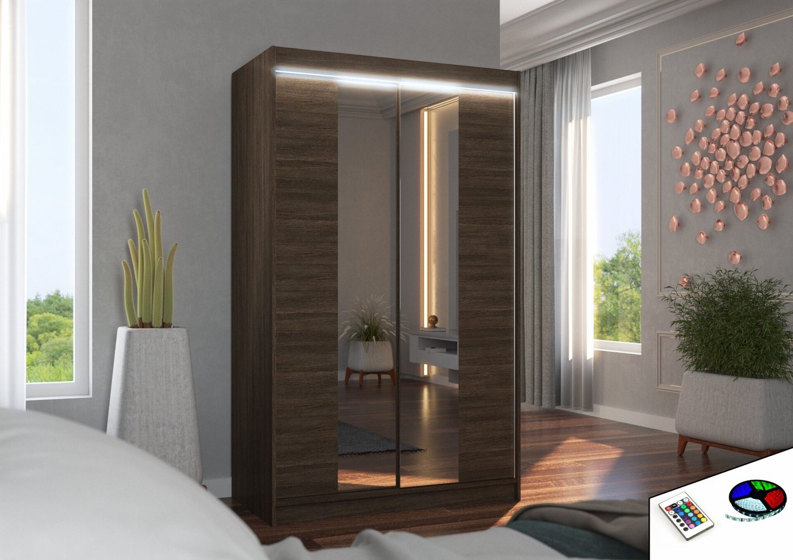 Sliding wardrobe with mirror and LED lighting MARVIN 120 Chocolate ADRK - Image 2