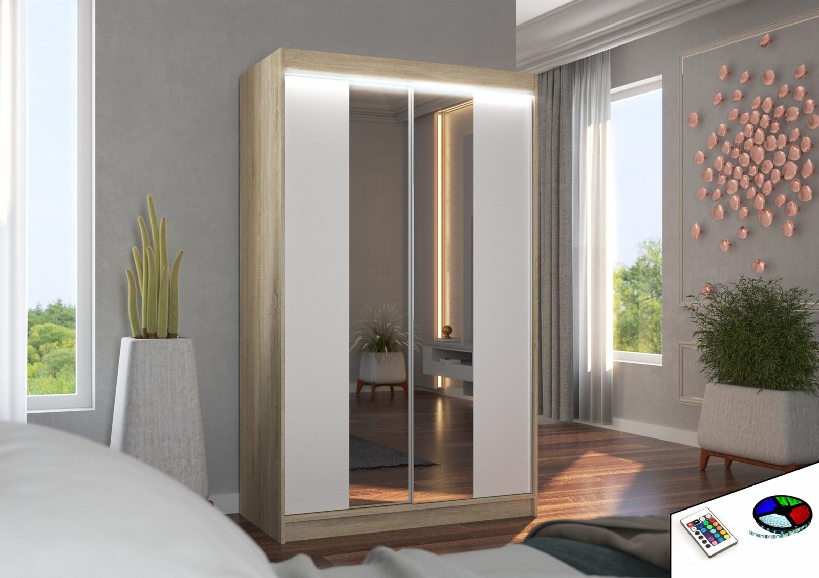 Sliding wardrobe with mirror and LED lighting MARVIN 120 Sonoma/White ADRK - Image 2