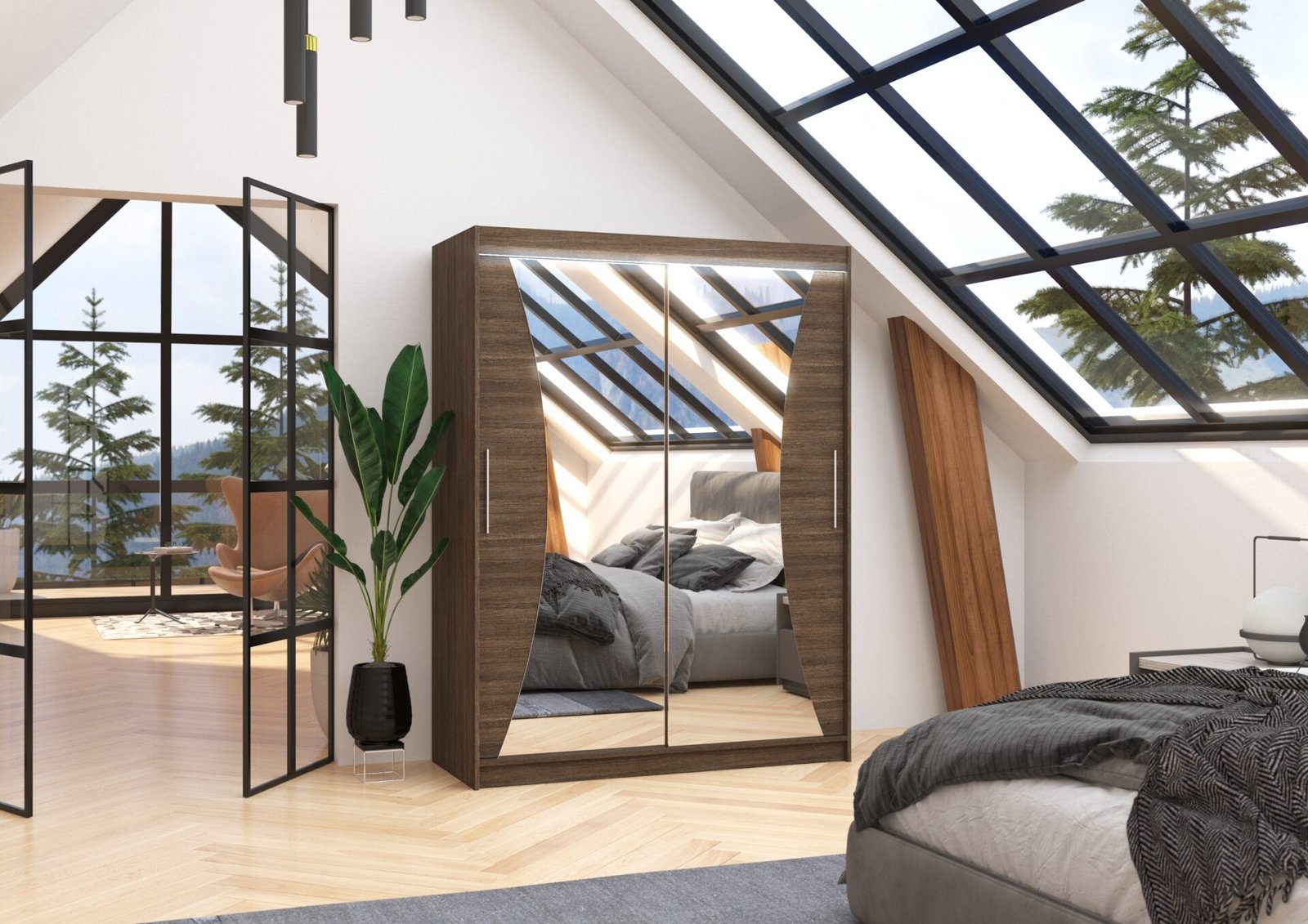 Sliding wardrobe with mirror and LED lighting MAX 150 Chocolate ADRK - Image 2