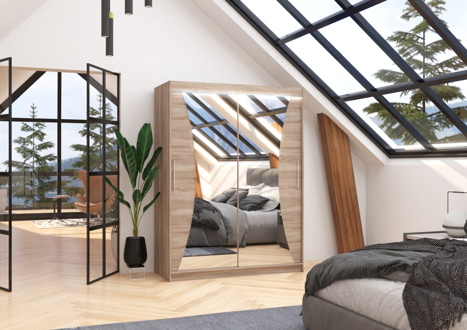 Sliding wardrobe with mirror and LED lighting MAX 150 ADRK Truffle - Image 2