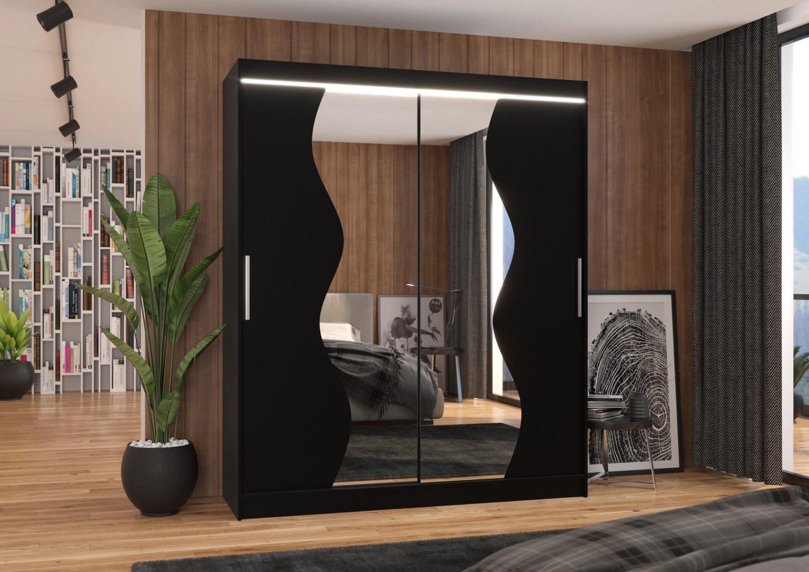 Sliding wardrobe with mirror and LED lighting MEDISON 180 black ADRK - Image 2