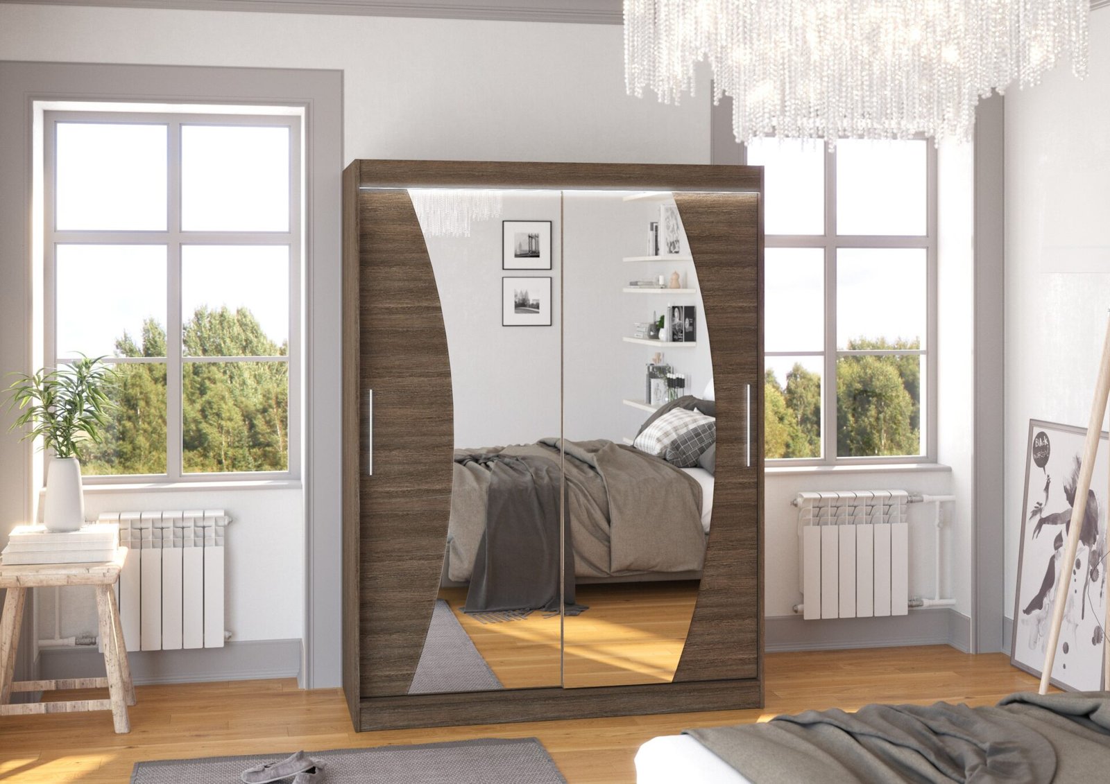 Sliding wardrobe with mirror and LED lighting MODESTO 150 Chocolate ADRK - Image 2