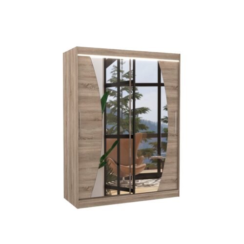 Sliding wardrobe with mirror and LED lighting MODESTO 150 Truffle ADRK