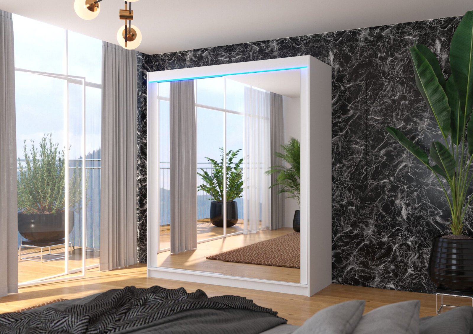 Sliding wardrobe with mirror and LED lighting MORGAN 180 white ADRK - Image 2