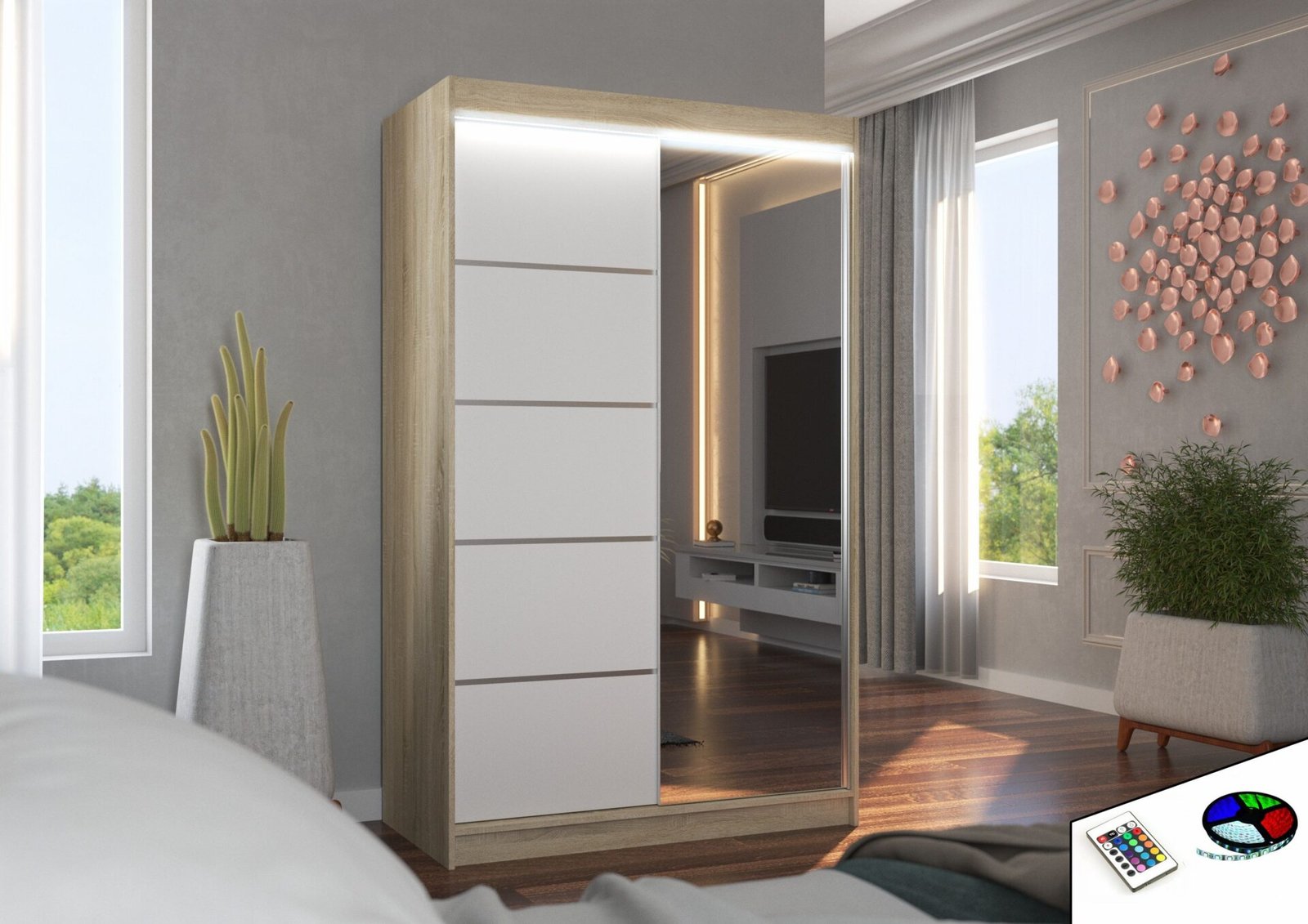 Sliding wardrobe with mirror and LED lighting NICEA 120 Sonoma/White ADRK - Image 2
