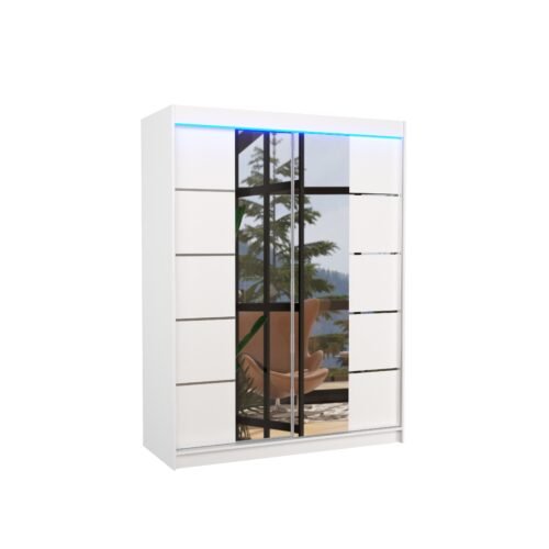Sliding wardrobe with mirror and LED lighting NORDIC 150 white ADRK