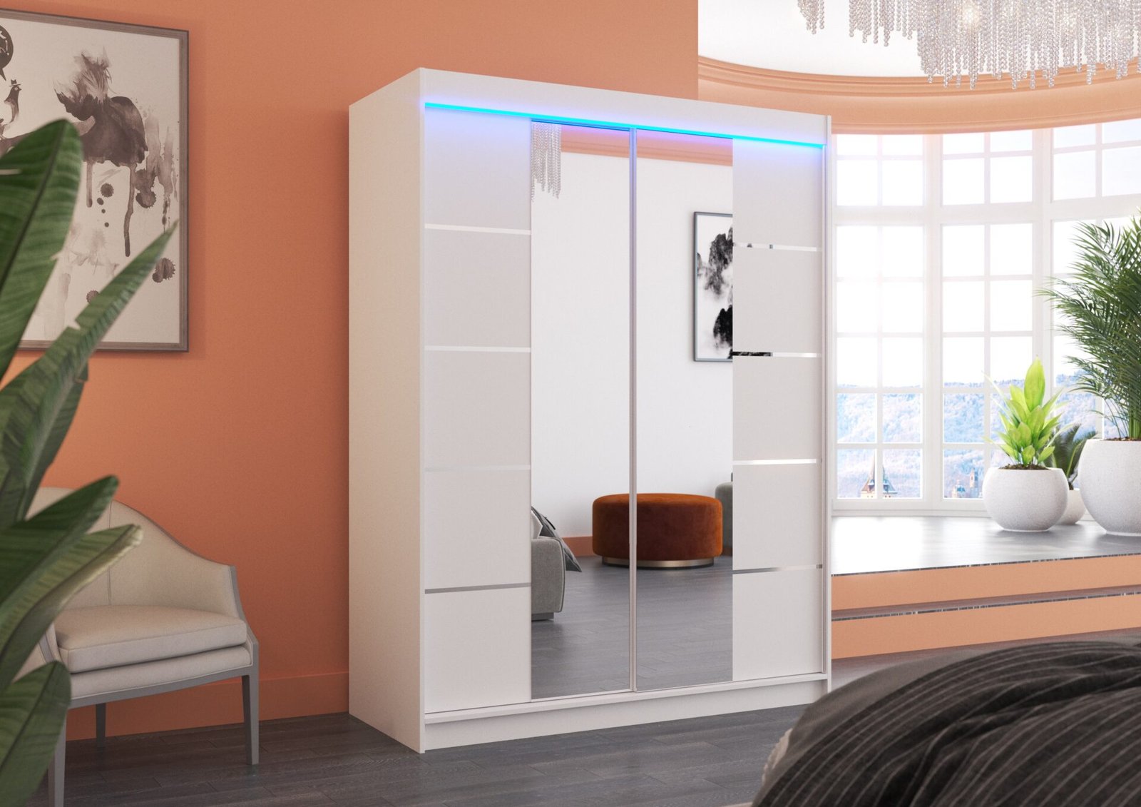Sliding wardrobe with mirror and LED lighting NORDIC 150 white ADRK - Image 2