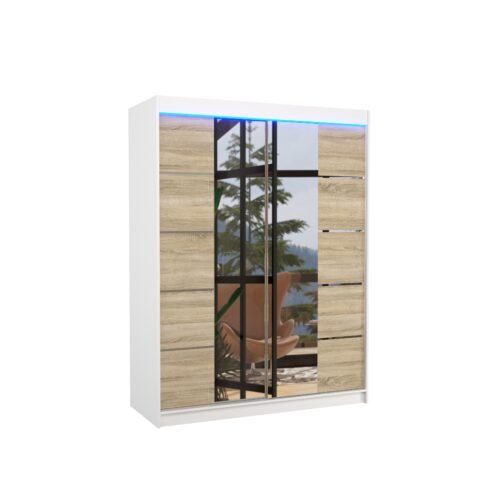 Sliding wardrobe with mirror and LED lighting NORDIC 150 white/Sonoma ADRK