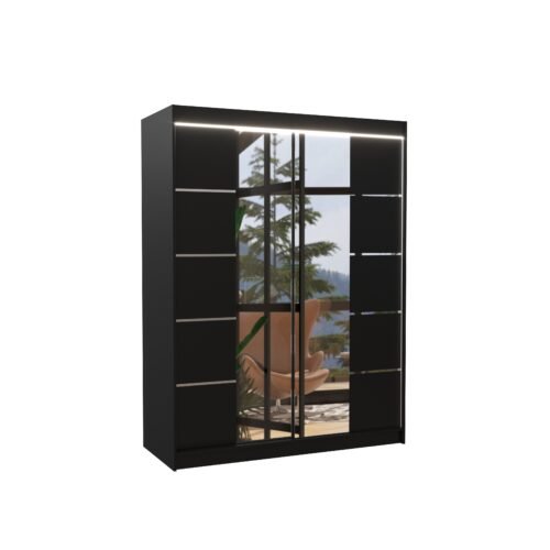 Sliding wardrobe with mirror and LED lighting NORDIC 150 black ADRK