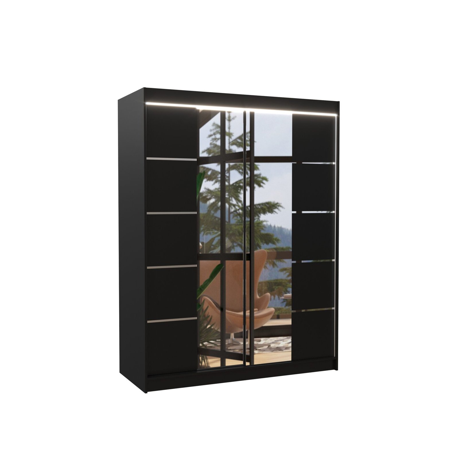 Sliding wardrobe with mirror and LED lighting NORDIC 150 black ADRK