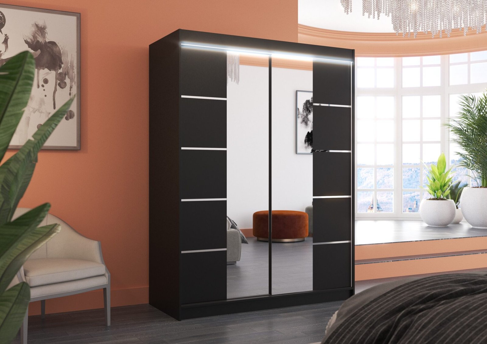 Sliding wardrobe with mirror and LED lighting NORDIC 150 black ADRK - Image 2