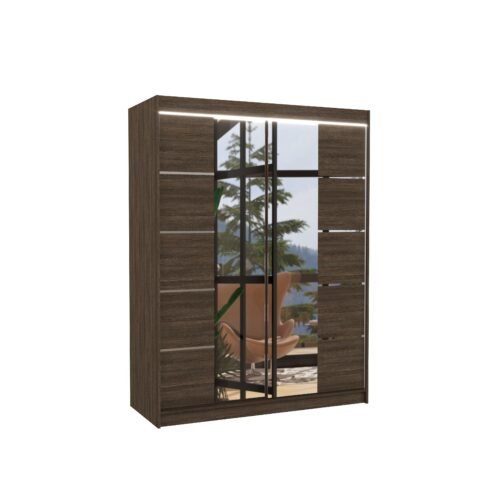 Sliding wardrobe with mirror and LED lighting NORDIC 150 Chocolate ADRK