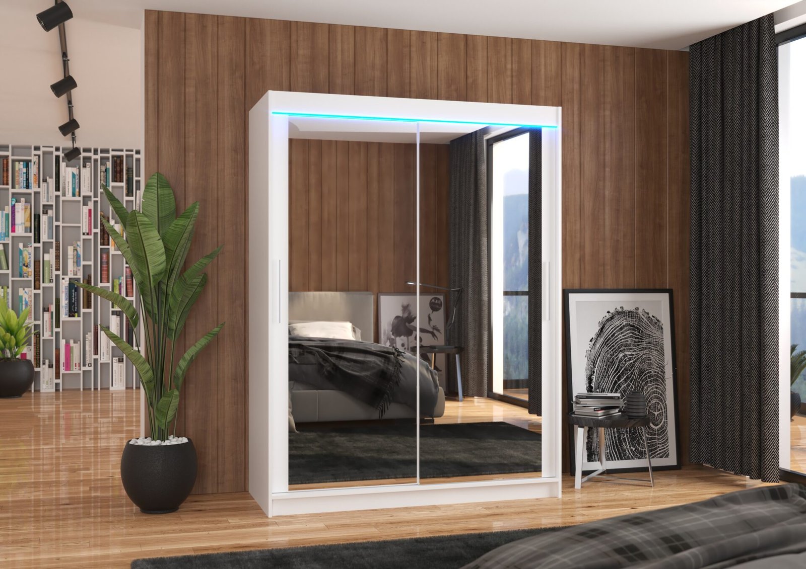 Sliding wardrobe with mirror and LED lighting PERMO 150 white ADRK - Image 2