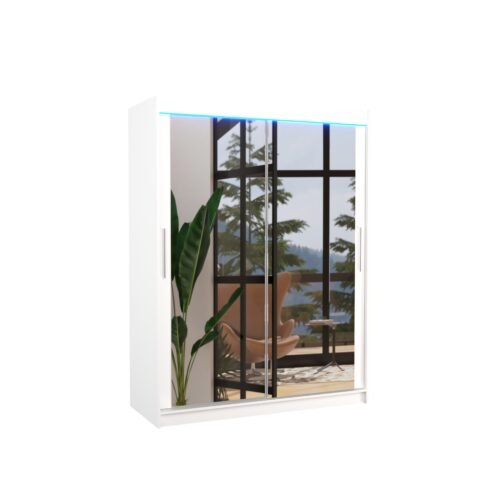 Sliding wardrobe with mirror and LED lighting PERMO 150 white ADRK