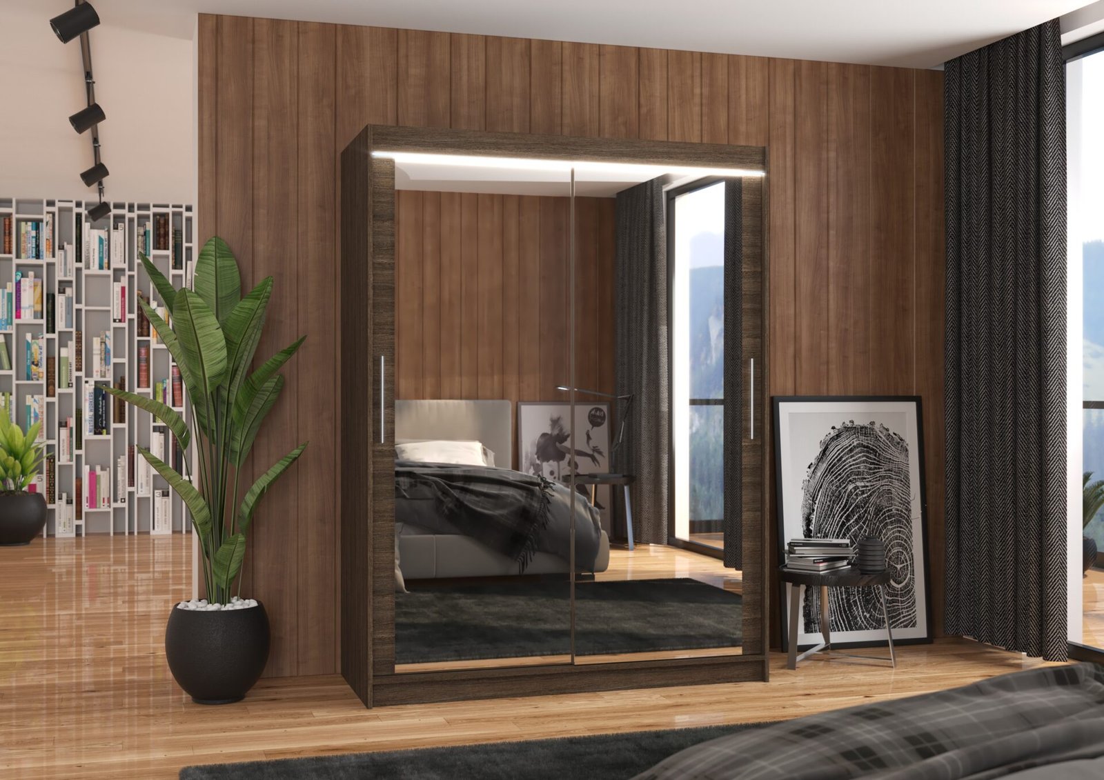 Sliding wardrobe with mirror and LED lighting PERMO 150 chocolate color ADRK - Image 2