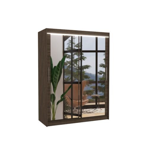 Sliding wardrobe with mirror and LED lighting PERMO 150 chocolate color ADRK
