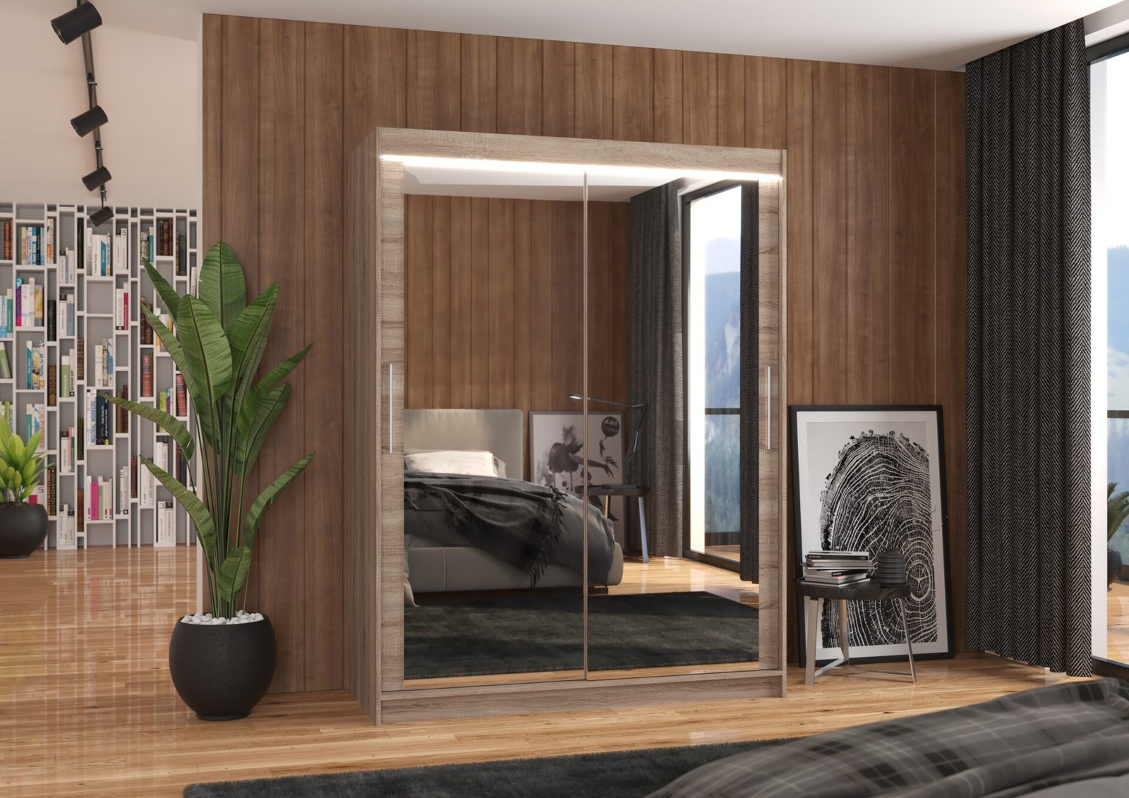 Sliding wardrobe with mirror and LED lighting PERMO 150 Truffle ADRK - Image 2