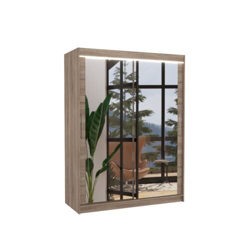 Sliding wardrobe with mirror and LED lighting PERMO 150 Truffle ADRK