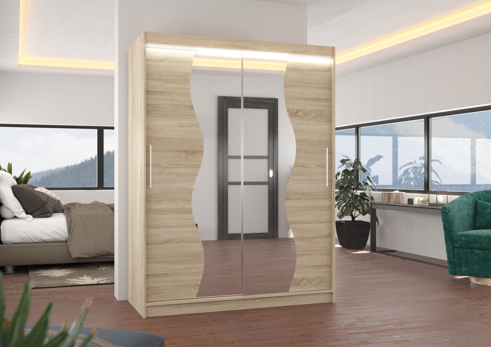 Sliding wardrobe with mirror and LED lighting RENZO 150 Sonoma ADRK - Image 2