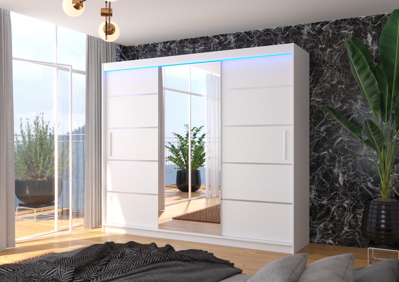 Sliding wardrobe with mirror and LED lighting SALTO 250 white ADRK - Image 2