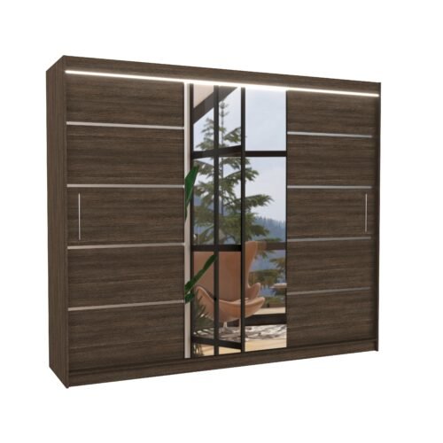 Sliding wardrobe with mirror and LED lighting SALTO 250 chocolate color ADRK
