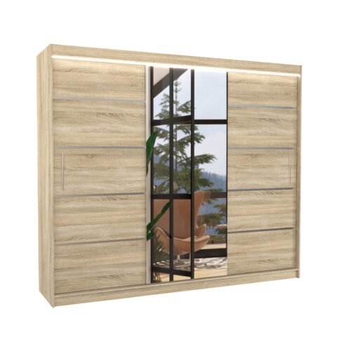 Sliding wardrobe with mirror and LED lighting SALTO 250 Sonoma ADRK