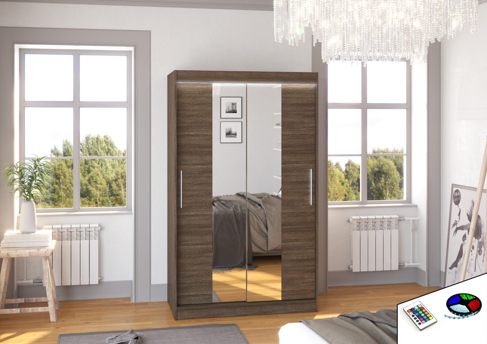 Sliding wardrobe with mirror and LED lighting SANTOS 120 chocolate color ADRK - Image 2