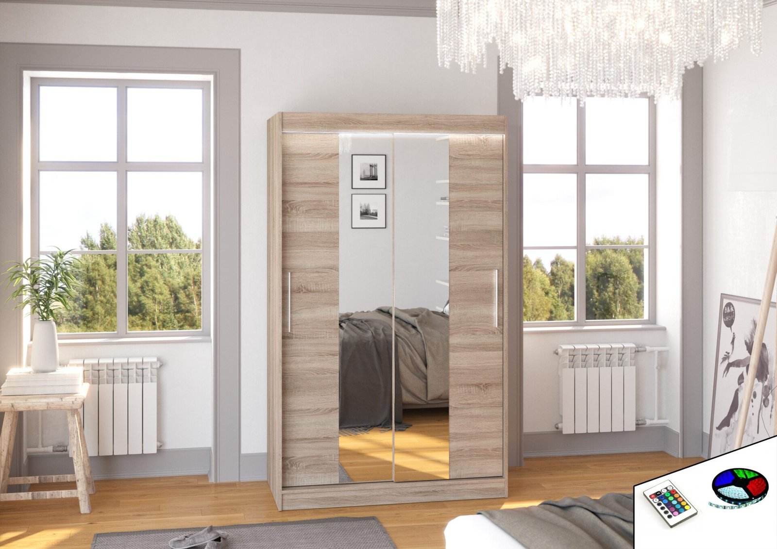 Sliding wardrobe with mirror and LED lighting SANTOS 120 Truffle ADRK - Image 2