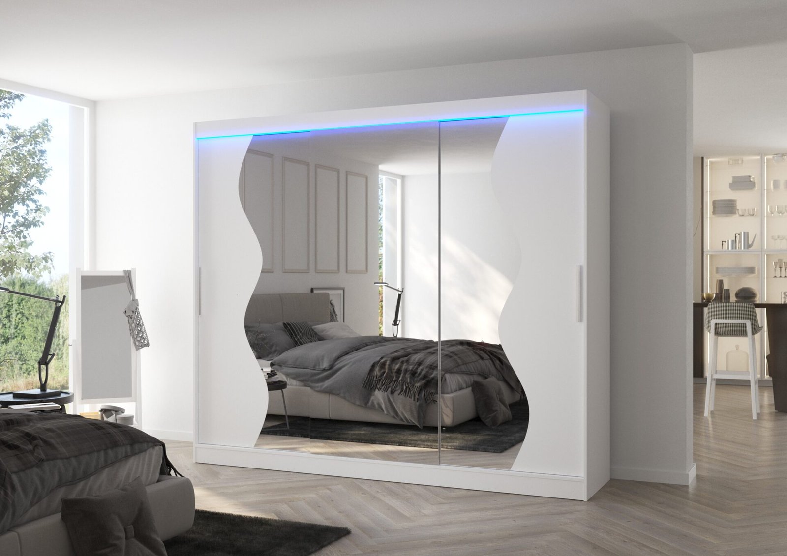 Sliding wardrobe with mirror and LED lighting SHARON 250 white ADRK - Image 2