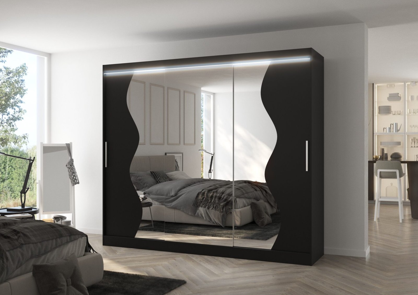 Sliding wardrobe with mirror and LED lighting SHARON 250 black ADRK - Image 2