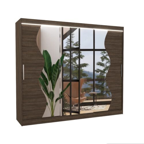 Sliding wardrobe with mirror and LED lighting SHARON 250 chocolate color ADRK