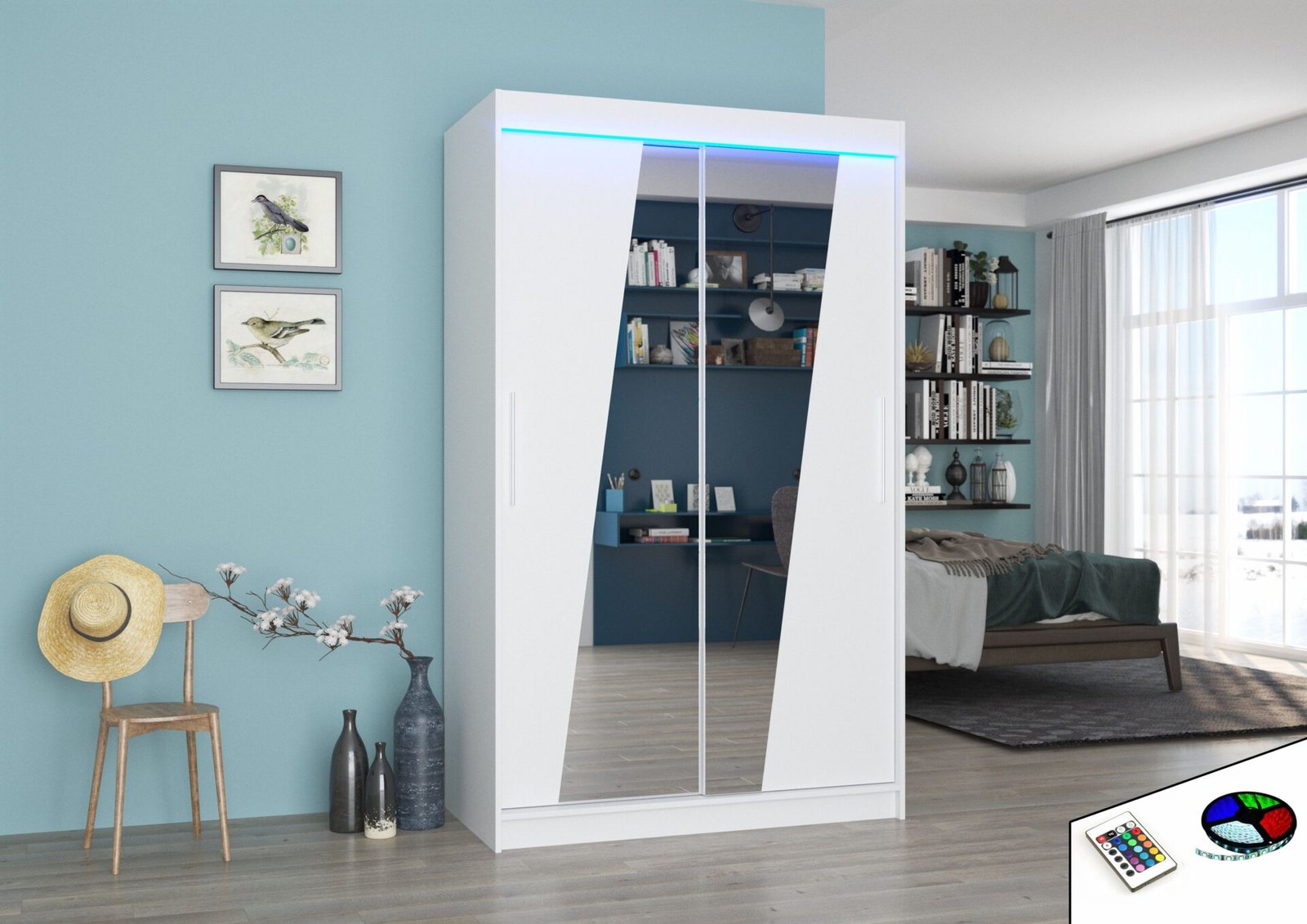 Sliding wardrobe with mirror and LED lighting TEXAS 120 white ADRK - Image 2