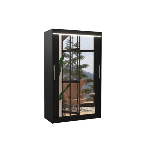 Sliding wardrobe with mirror and LED lighting TIBAGO 120 black ADRK