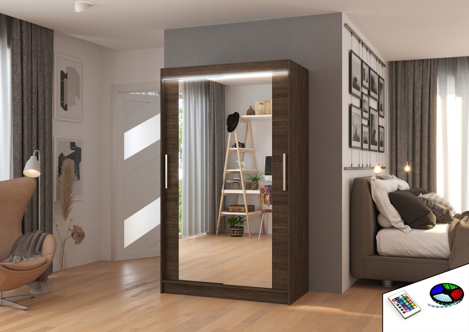 Sliding wardrobe with mirror and LED lighting TIBAGO 120 chocolate color ADRK - Image 2