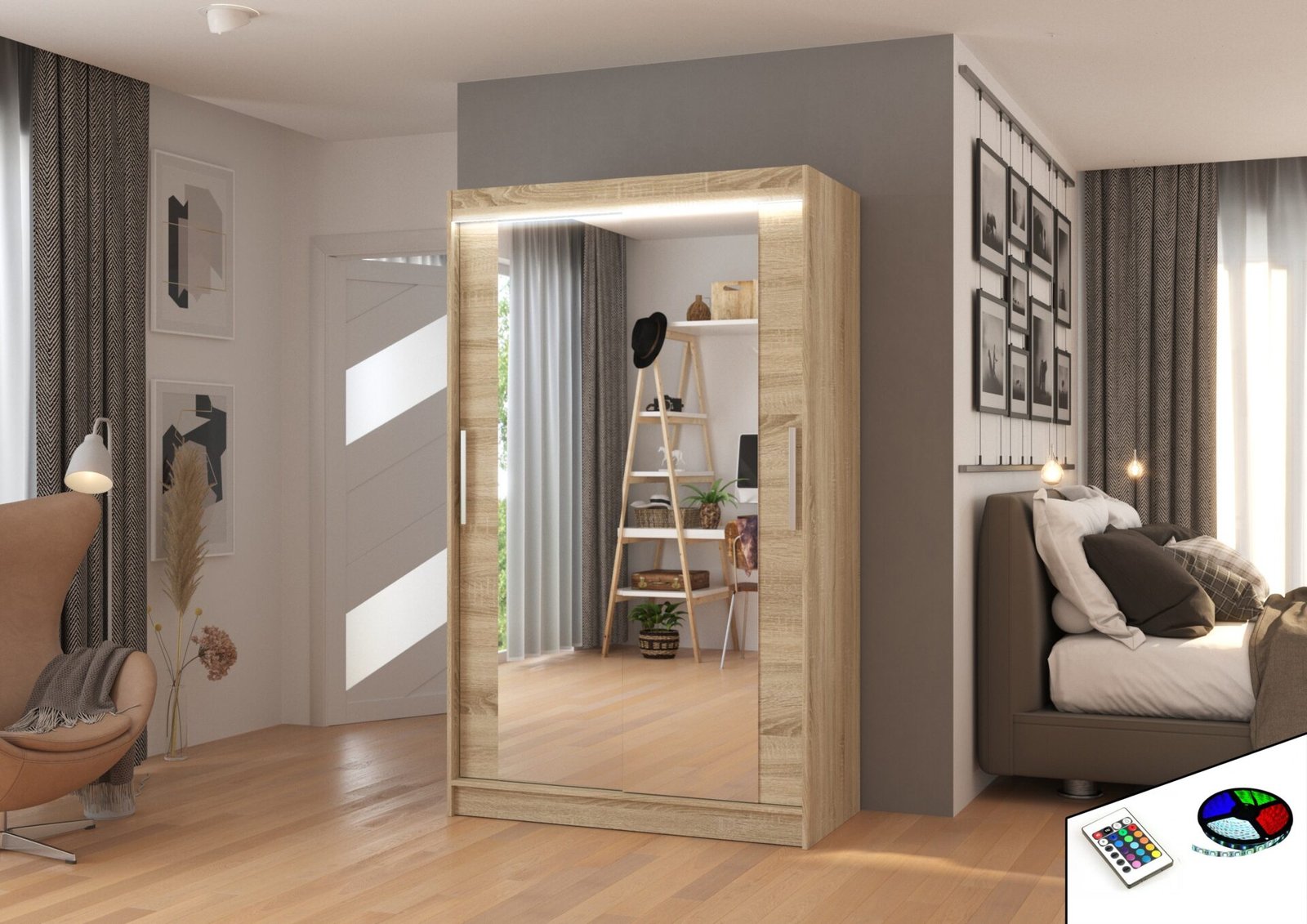 Sliding wardrobe with mirror and LED lighting TIBAGO 120 Sonoma ADRK - Image 2