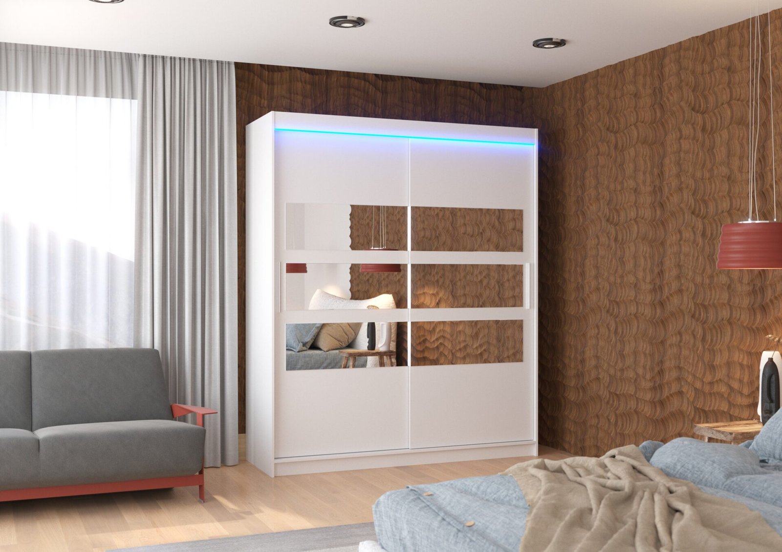 Sliding wardrobe with mirror and LED lighting TOLEDO 180 white ADRK - Image 2