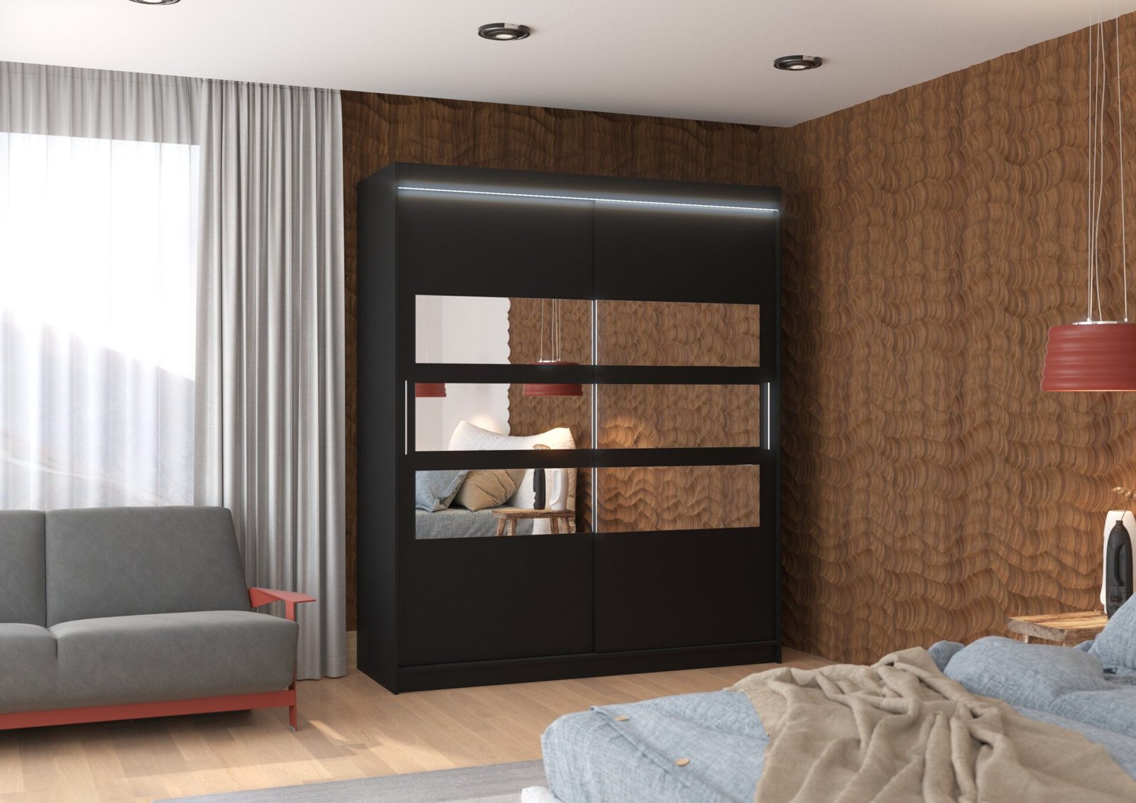 Sliding wardrobe with mirror and LED lighting TOLEDO 180 black ADRK - Image 2