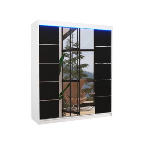 Sliding wardrobe with mirror and LED lighting TRAVES 180 white/black ADRK