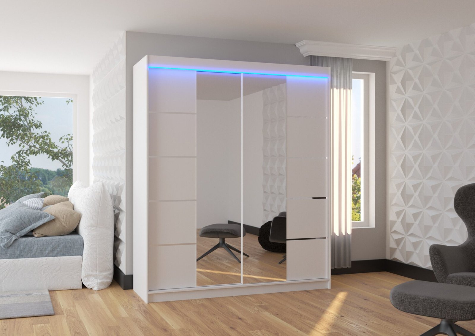 Sliding wardrobe with mirror and LED lighting TRAVES 180 white ADRK - Image 2