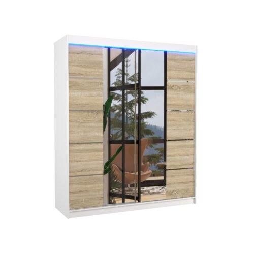 Sliding wardrobe with mirror and LED lighting TRAVES 180 white/Sonoma ADRK