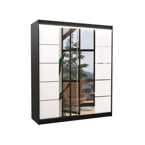 Sliding wardrobe with mirror and LED lighting TRAVES 180 black/white ADRK