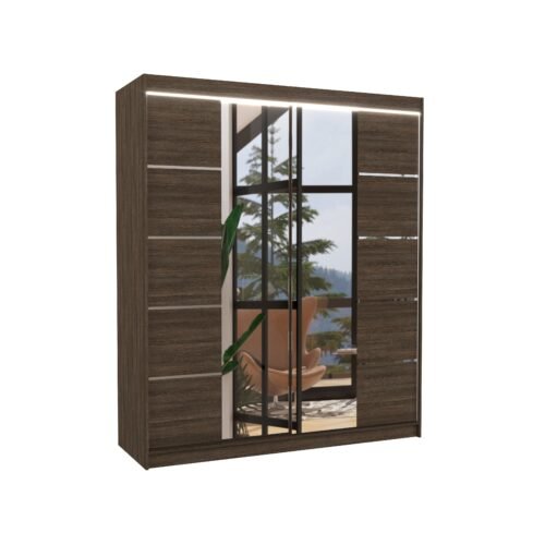 Sliding wardrobe with mirror and LED lighting TRAVES 180 chocolate color ADRK