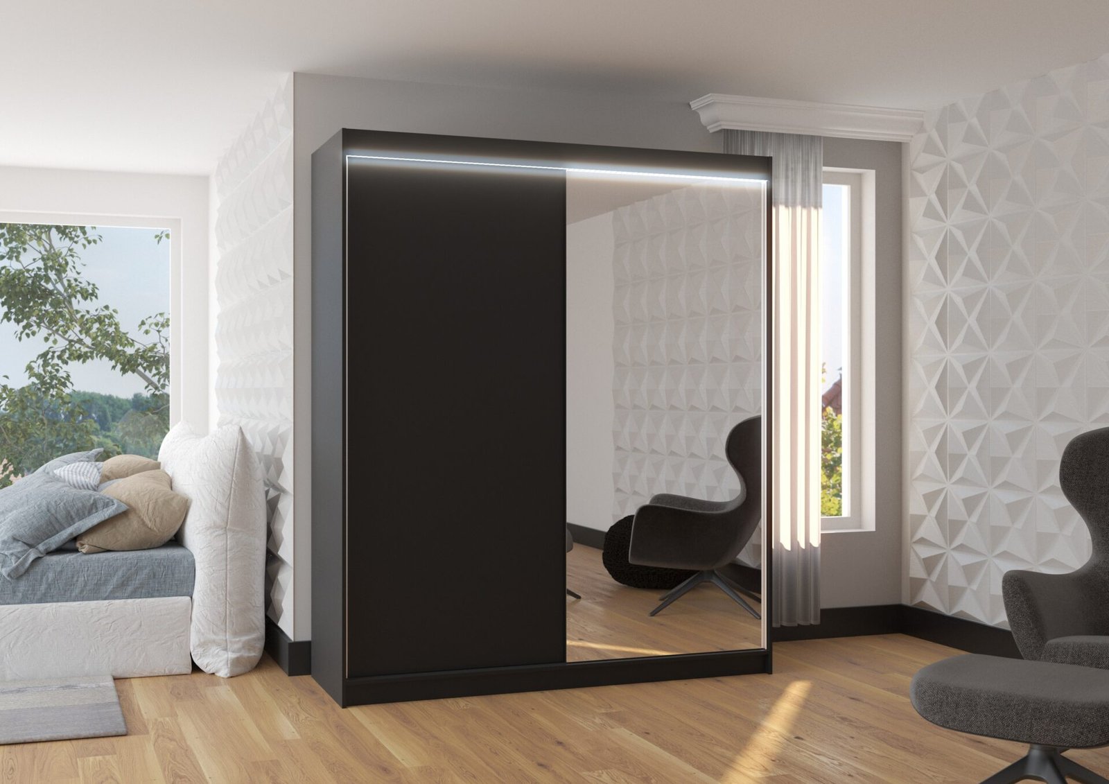 Sliding wardrobe with mirror and LED lighting VIKI 180 black ADRK - Image 2