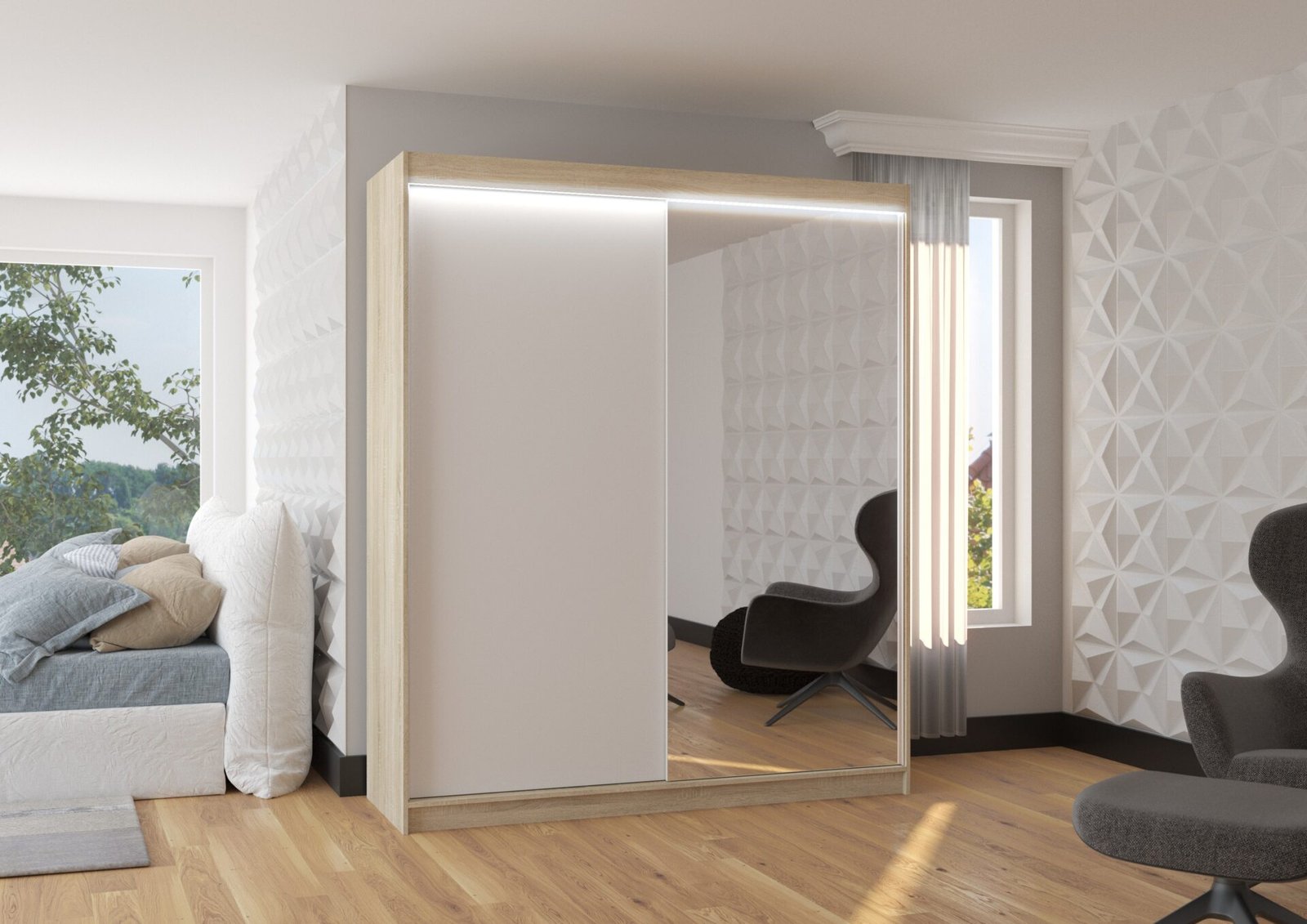 VIKI 180 Sonoma/White ADRK sliding wardrobe with mirror and LED lighting - Image 2