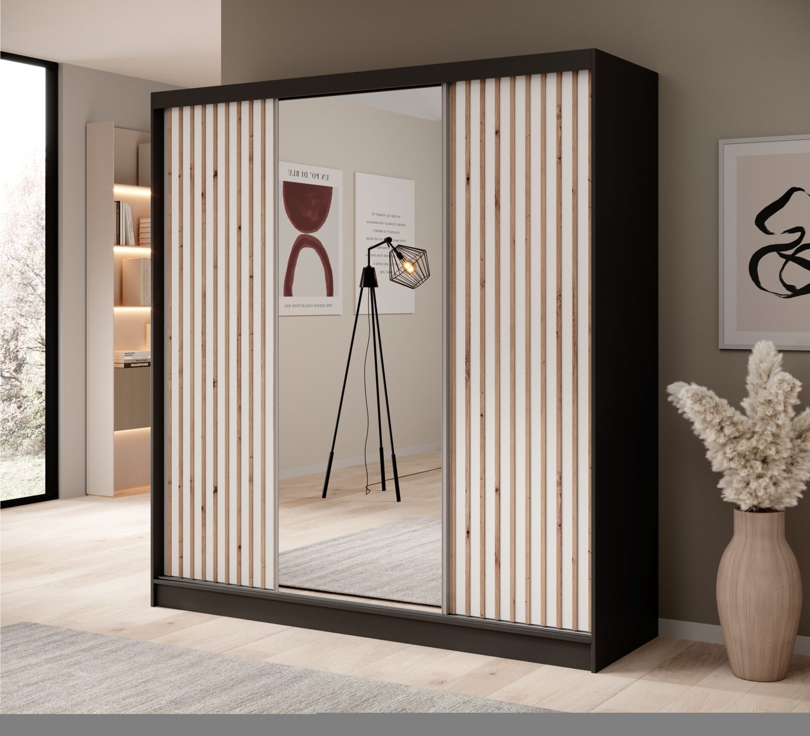 Ida 200 sliding wardrobe with mirror, black/white, ADRK - Image 2